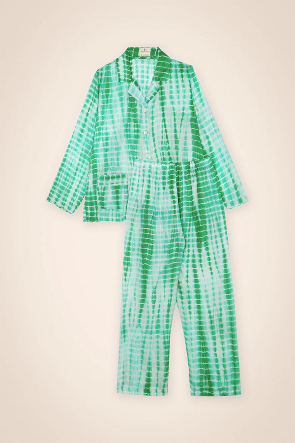 Green White Tie & Dye 100% Silk Pyjama